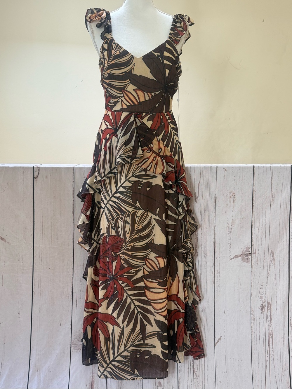Tropical Tiered Maxi Dress in Brown & Red - Picture 1 of 6